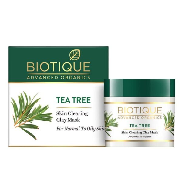 Biotique Tea Tree Skin Clearing Clay Mask box and jar with tea tree extracts for normal to oily skin