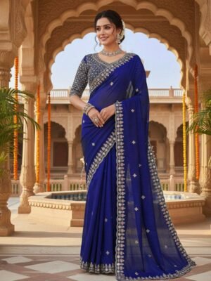 Blue Designer Saree with Heavy Beads and Sequin Work