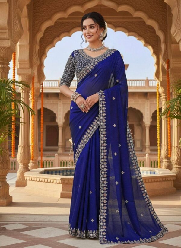 Blue Designer Saree with Heavy Beads and Sequin Work
