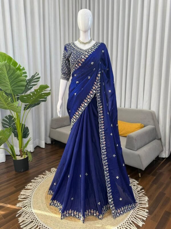 Blue Designer Saree with Heavy Beads and Sequin Work