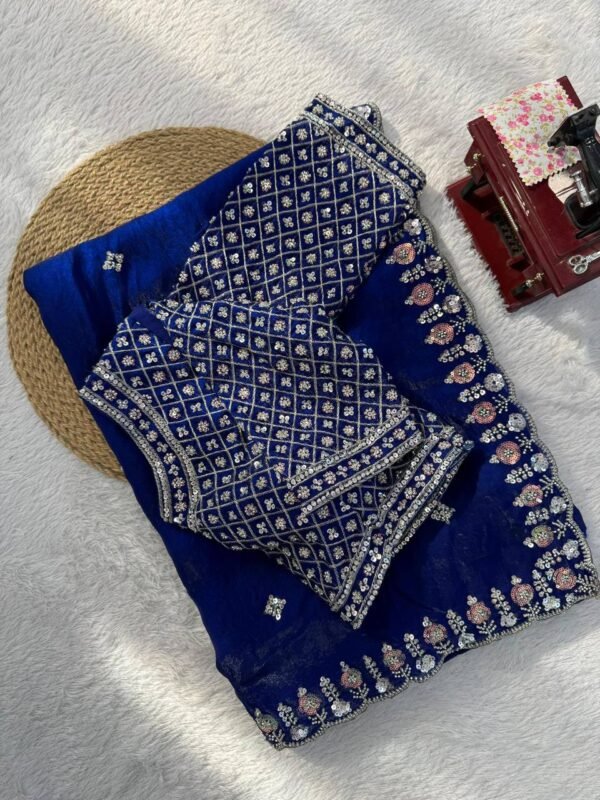 Blue Designer Saree with Heavy Beads and Sequin Work
