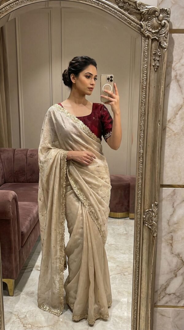 gold tissue silk saree with embroidery dori work