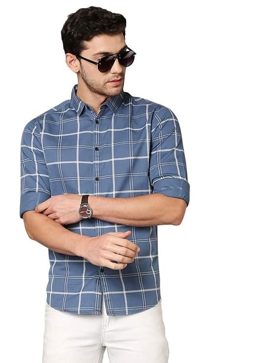 men’s checkered slim fit cotton casual shirt