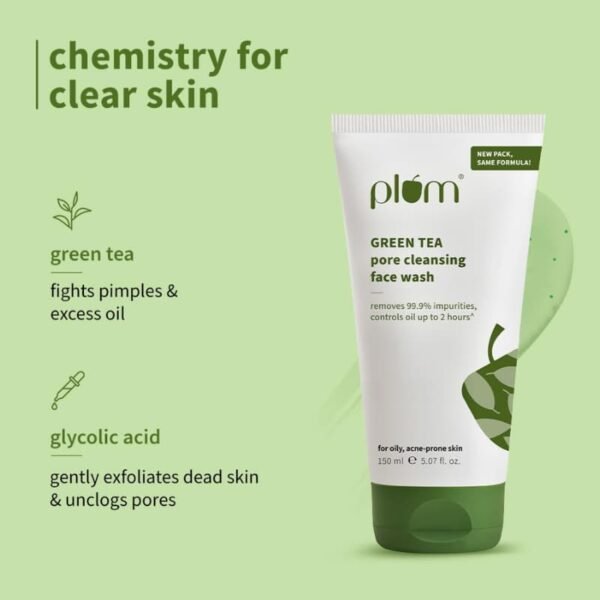 Plum Green Tea pore cleansing face wash showing green tea and glycolic acid benefits for clear skin