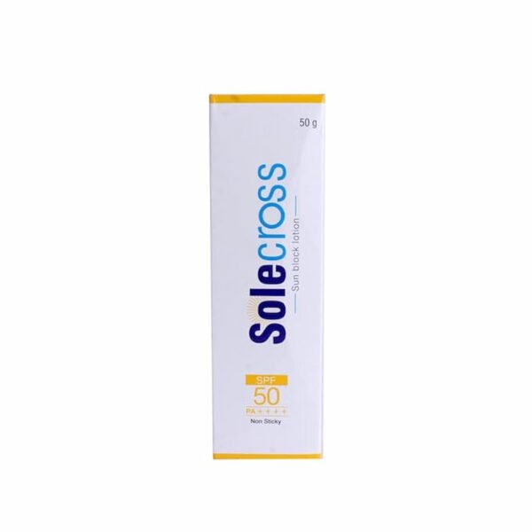 Solecross sunscreen SPF 50 box packaging broad spectrum sun protection lotion for preventing sun damage and tanning