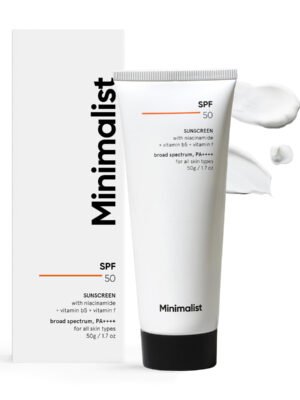Minimalist SPF 50 Sunscreen labelled with no white cast, multi-vitamin formula