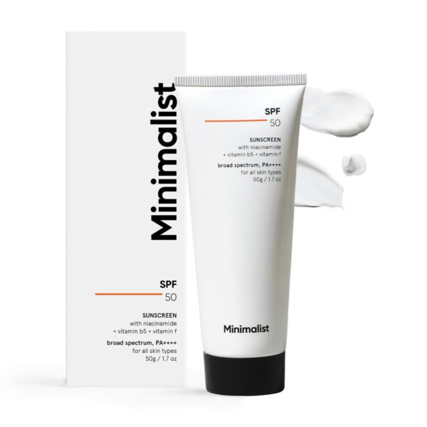Minimalist SPF 50 Sunscreen labelled with no white cast, multi-vitamin formula