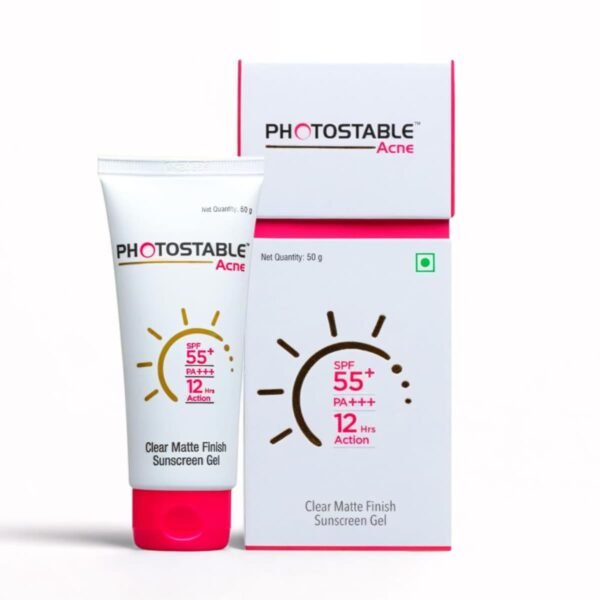 Photostable Acne Clear Matte Sunscreen Gel tube with box
