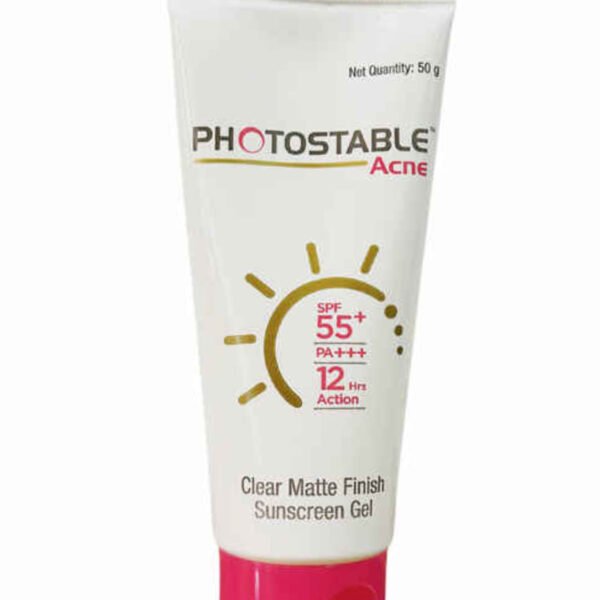 Photostable Acne Clear Matte Sunscreen Gel tube next to its retail packaging box