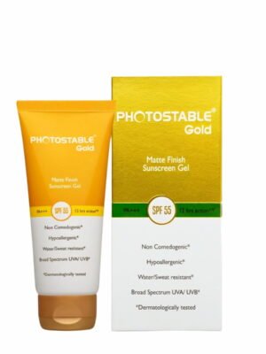 Photostable Gold Matte Sunscreen Gel SPF 55 50gm tube on white background