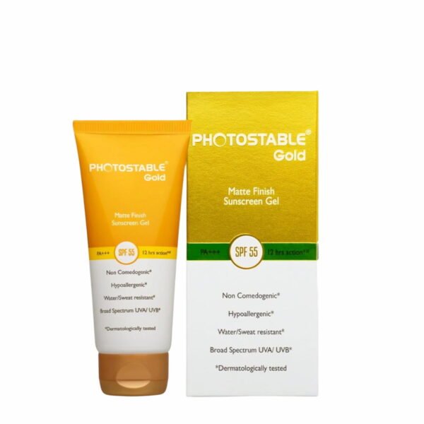 Photostable Gold Matte Sunscreen Gel SPF 55 50gm Photostable Gold Matte Sunscreen Gel SPF 55 50gm tube on white background