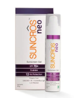 Suncros Neo Sunscreen Gel SPF 75+ 50gm tube on white background