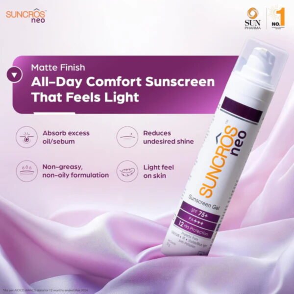 Suncros Neo Sunscreen Gel Tube Suncros Neo Sunscreen Gel labelled SPF 75+ with lightweight, broad-spectrum protection