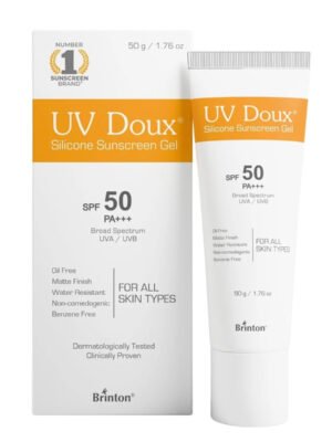 UV Doux Silicone Sunscreen Gel SPF 50 50gm tube on white background