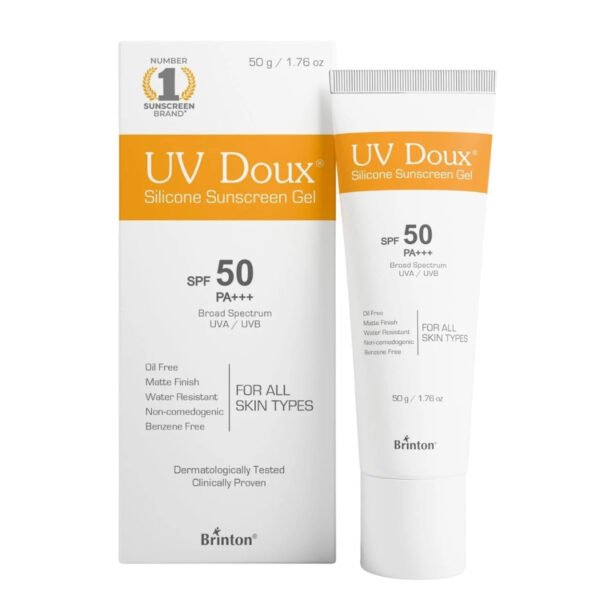UV Doux Silicone Sunscreen Gel SPF 50 50gm UV Doux Silicone Sunscreen Gel SPF 50 50gm tube on white background